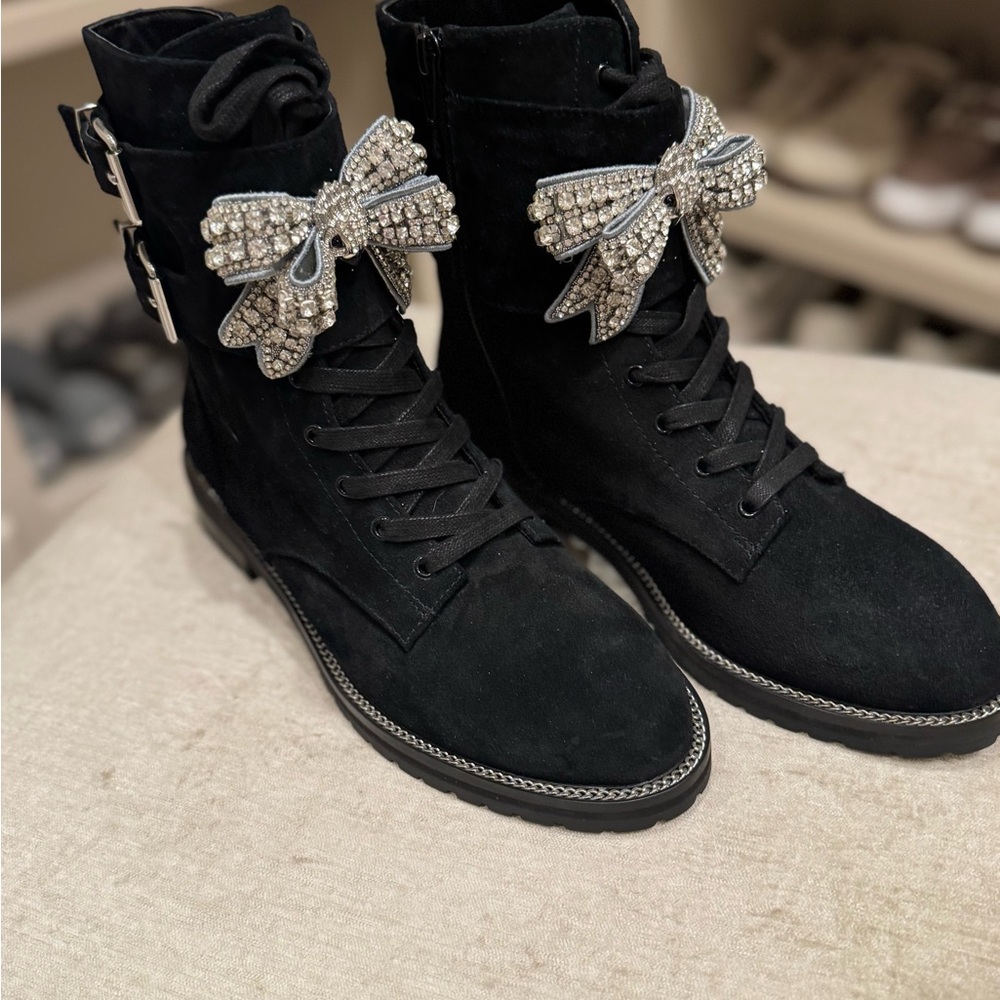 New Karl Geiger Black Suede Ankle Boots with Rhinestone Bow